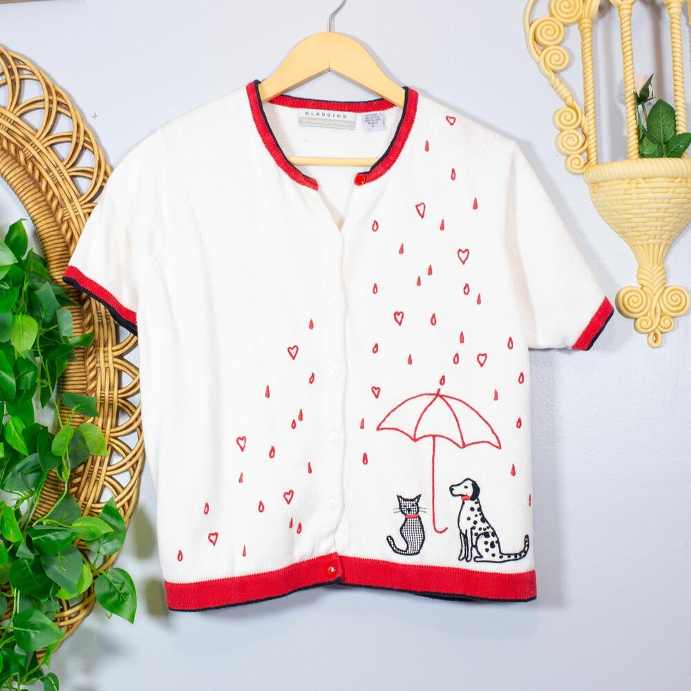 VTG Embroidered Novelty Cardigan Raining Cats Dogs Umbrella | Bright Winter